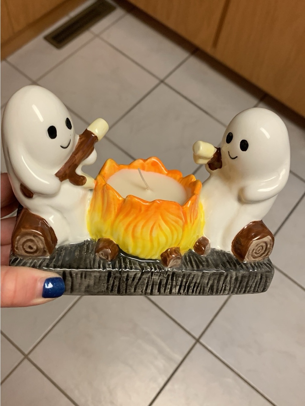 Ceramic Ghosts Toasting Campfire candle Holder - White & Orange